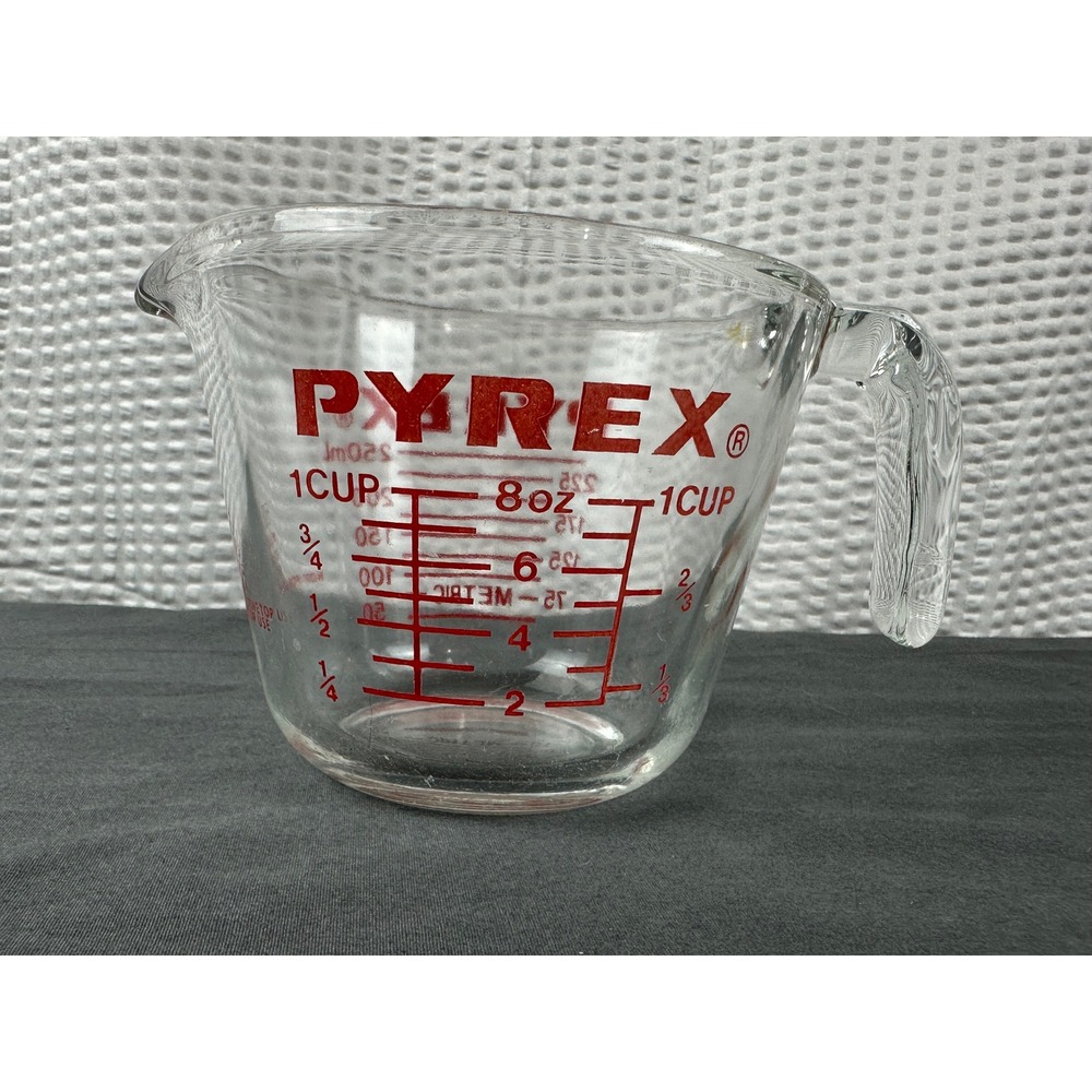 VTG Pyrex One Cup Glass Measuring Cup Metric/ Ounces W/ Red Letters #508 USA